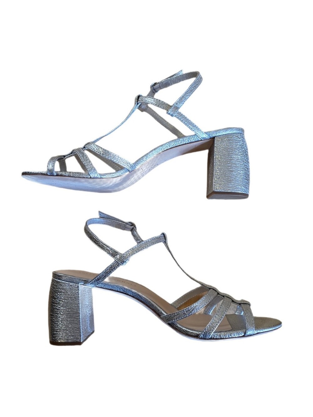 Loeffler Randall Elena Silver Metallic Strappy Block Heel Sandals Size 7.5 B